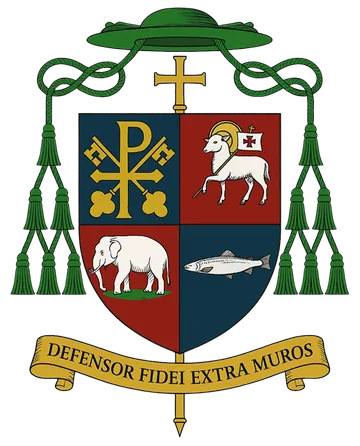 Episcopal coat of arms of Bishop Ashley R. Deutschmann, with the motto Defensor Fidei Extra Muros