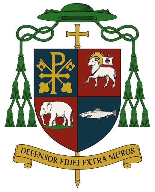 Episcopal coat of arms of Bishop Ashley R. Deutschmann, with the motto Defensor Fidei Extra Muros